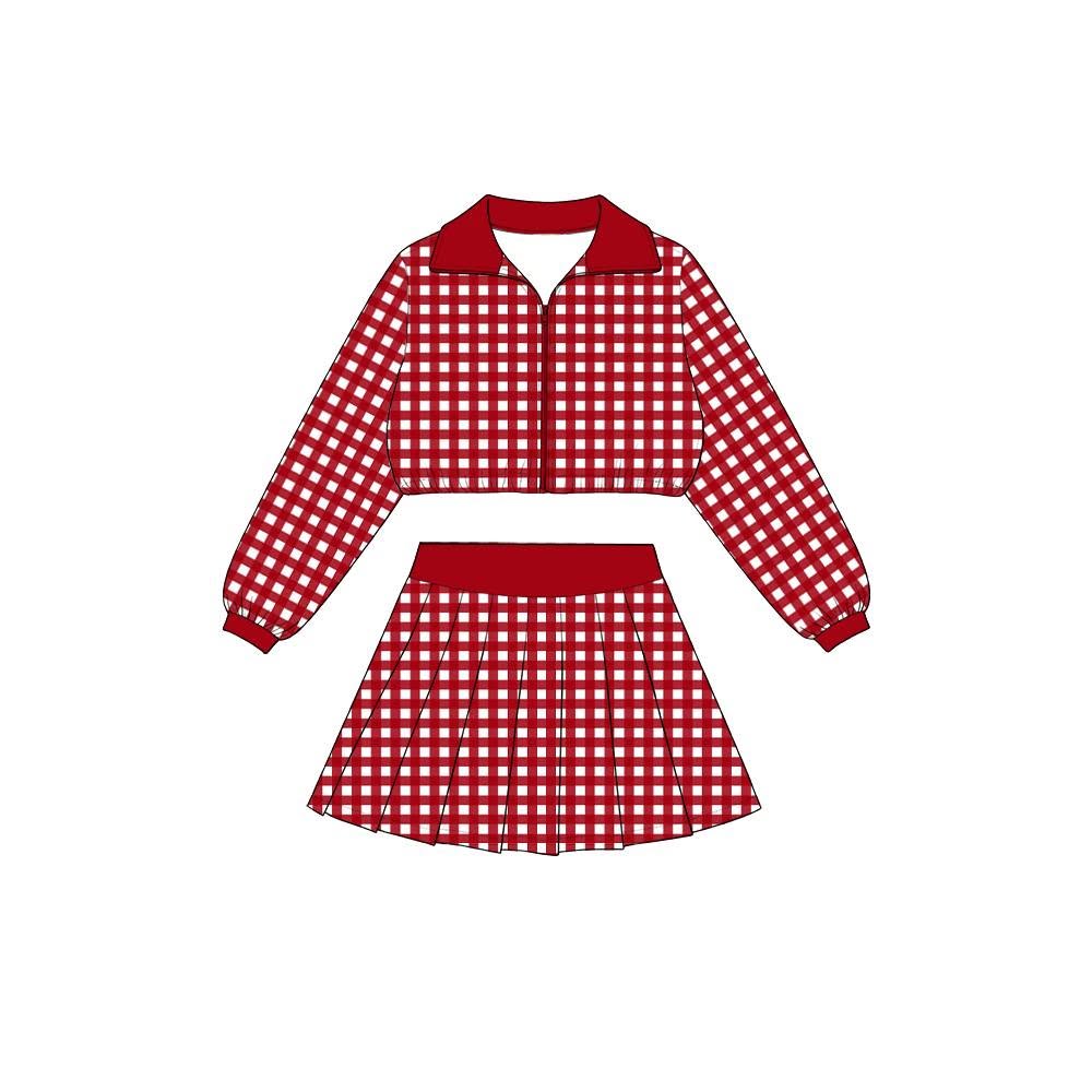 Red plaid long sleeve yoga pullover top matching skorts girls outfit preorder