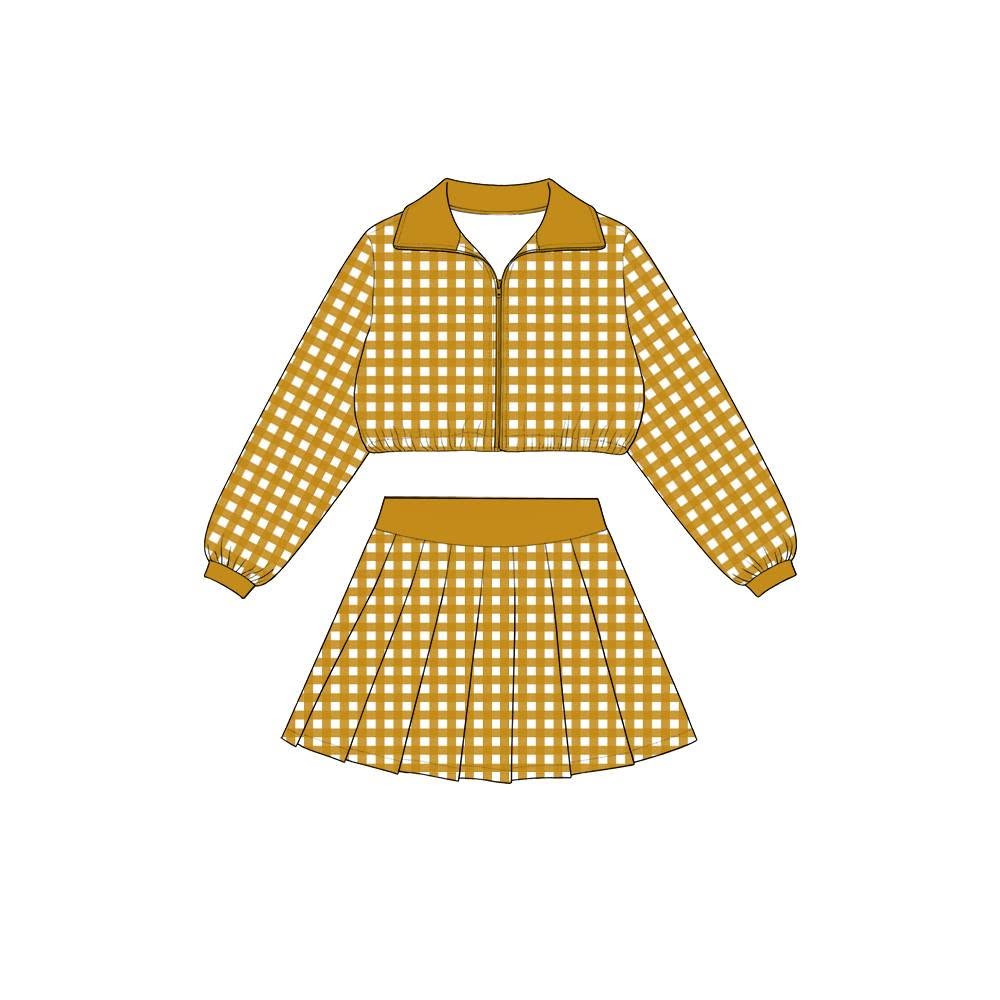 Golden plaid long sleeve yoga pullover top matching skorts girls outfit preorder