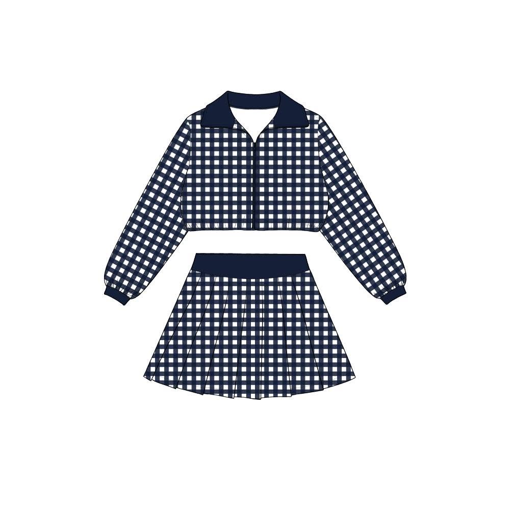 Navy plaid long sleeve yoga pullover top matching skorts girls outfit preorder