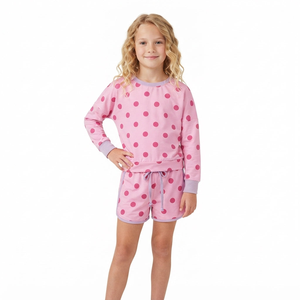 Pink color polka dots long sleeve top matching shorts girls outfit