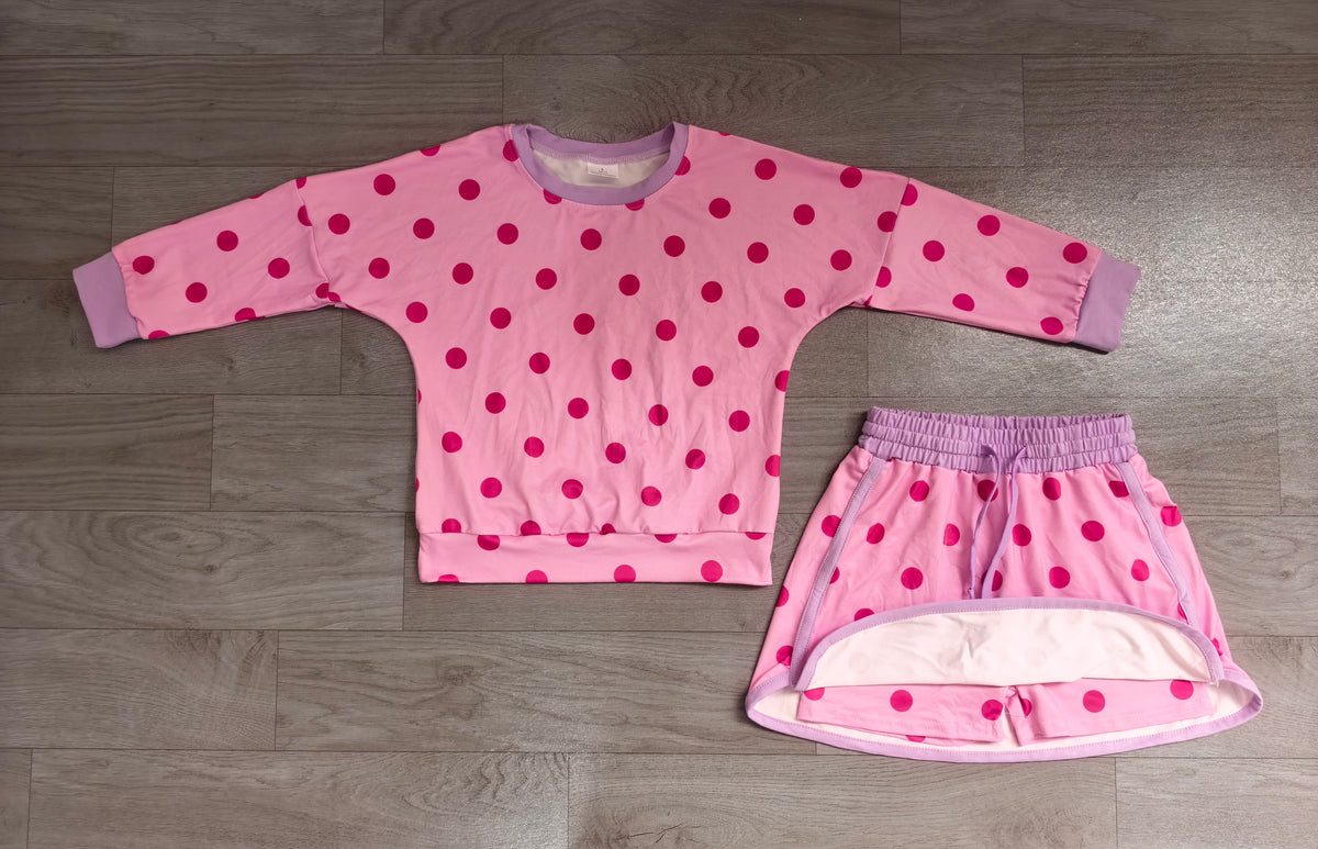 Pink color polka dots long sleeve top matching shorts girls outfit preorder