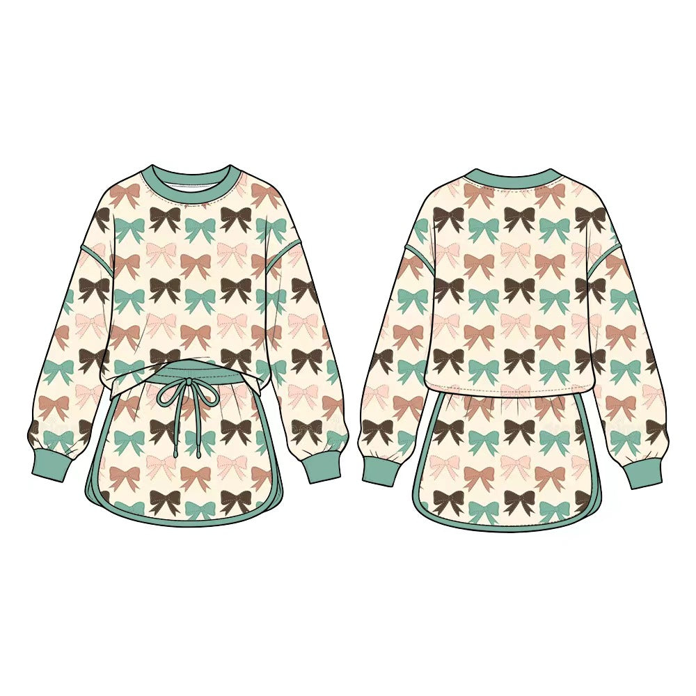 Colorful bow print long sleeve pullover top matching shorts girls fall winter outfit preorder