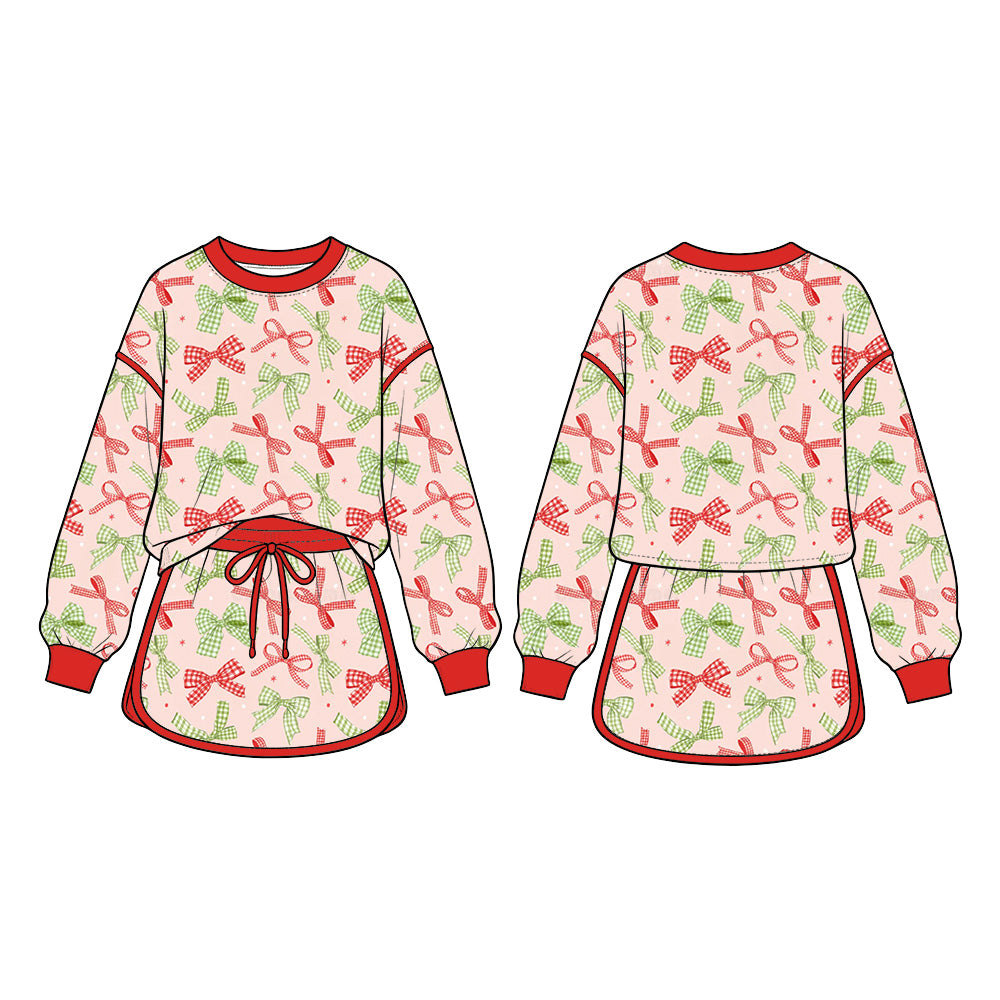 Christmas bow print long sleeve pullover top matching shorts girls fall winter outfit preorder