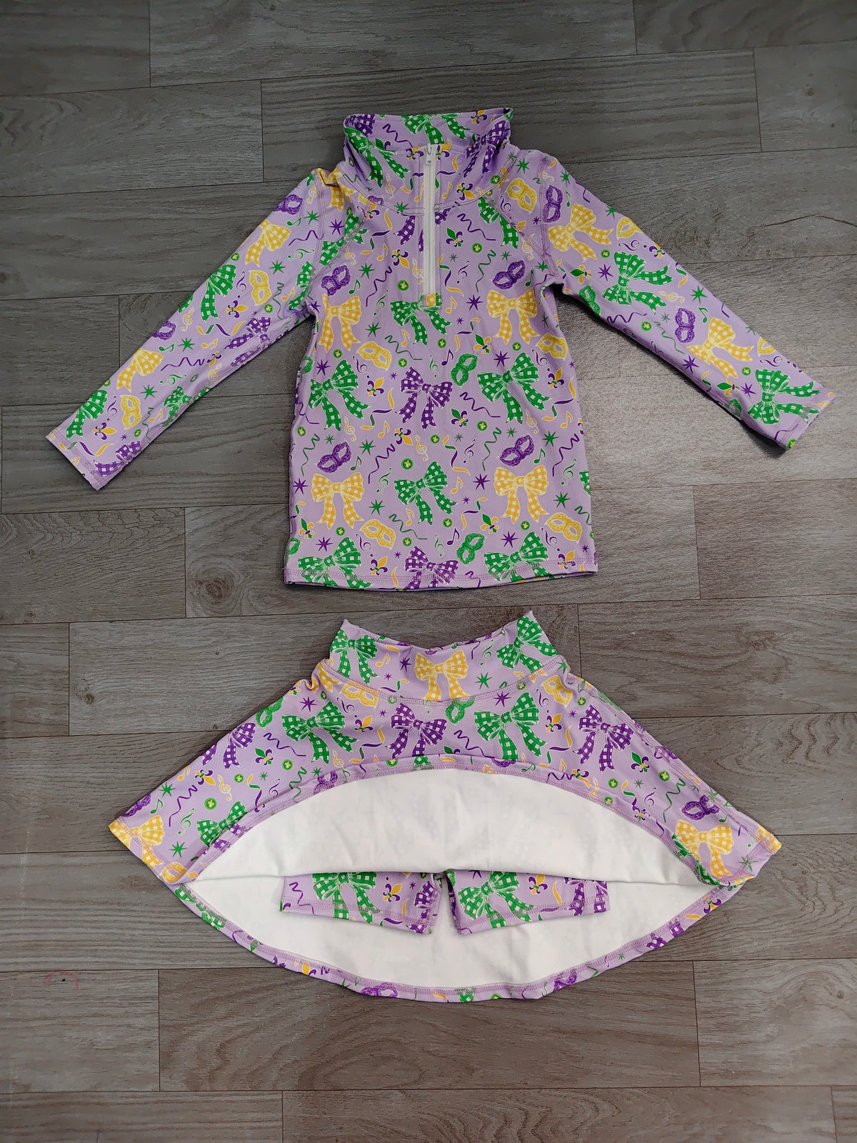 Mardi Gras bow long sleeve yoga pullover top matching skorts girls outfit preorder