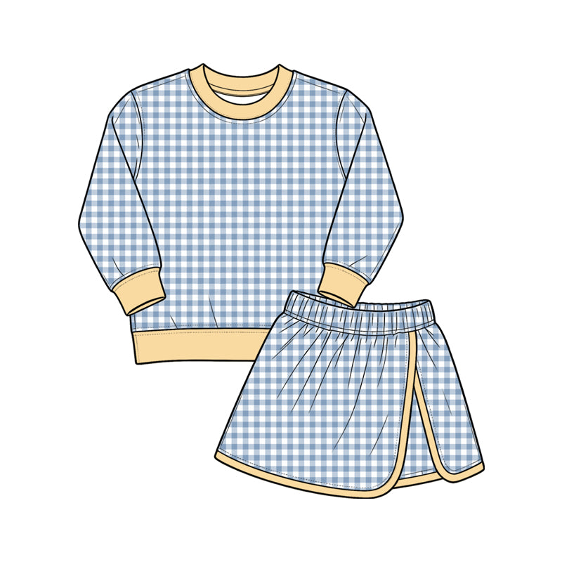 Blue plaid long sleeve yoga top matching shorts girls outfit preorder
