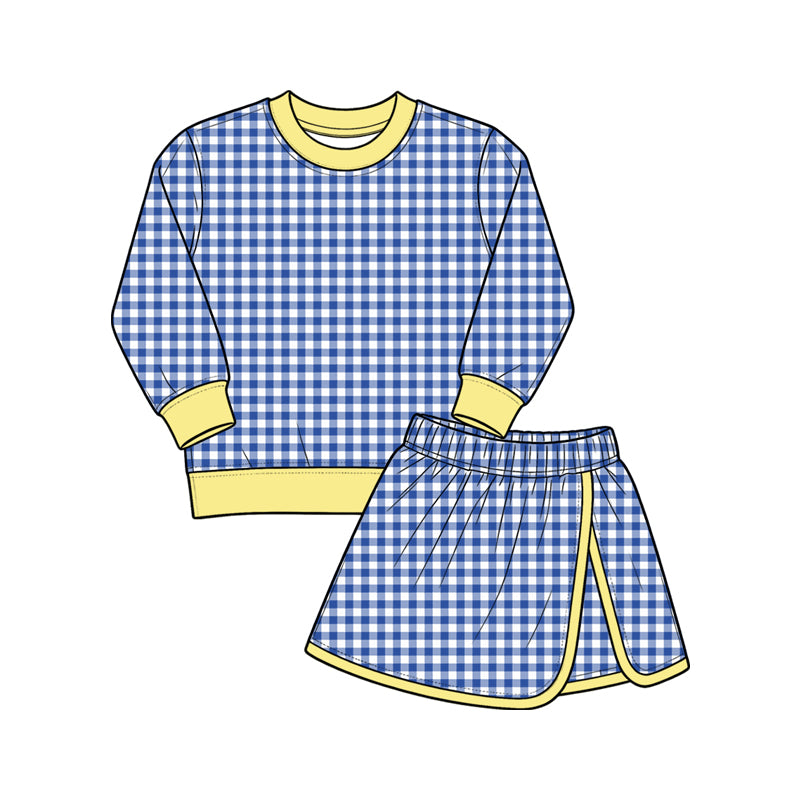 Dark blue plaid long sleeve yoga top matching shorts girls outfit preorder