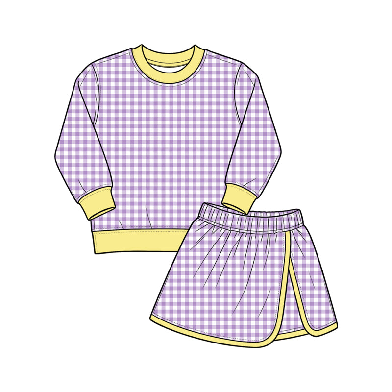 Lavender plaid long sleeve yoga top matching shorts girls outfit preorder