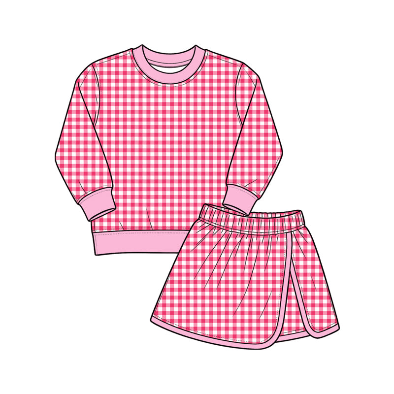 Hot pink plaid long sleeve yoga top matching skorts girls outfit preorder