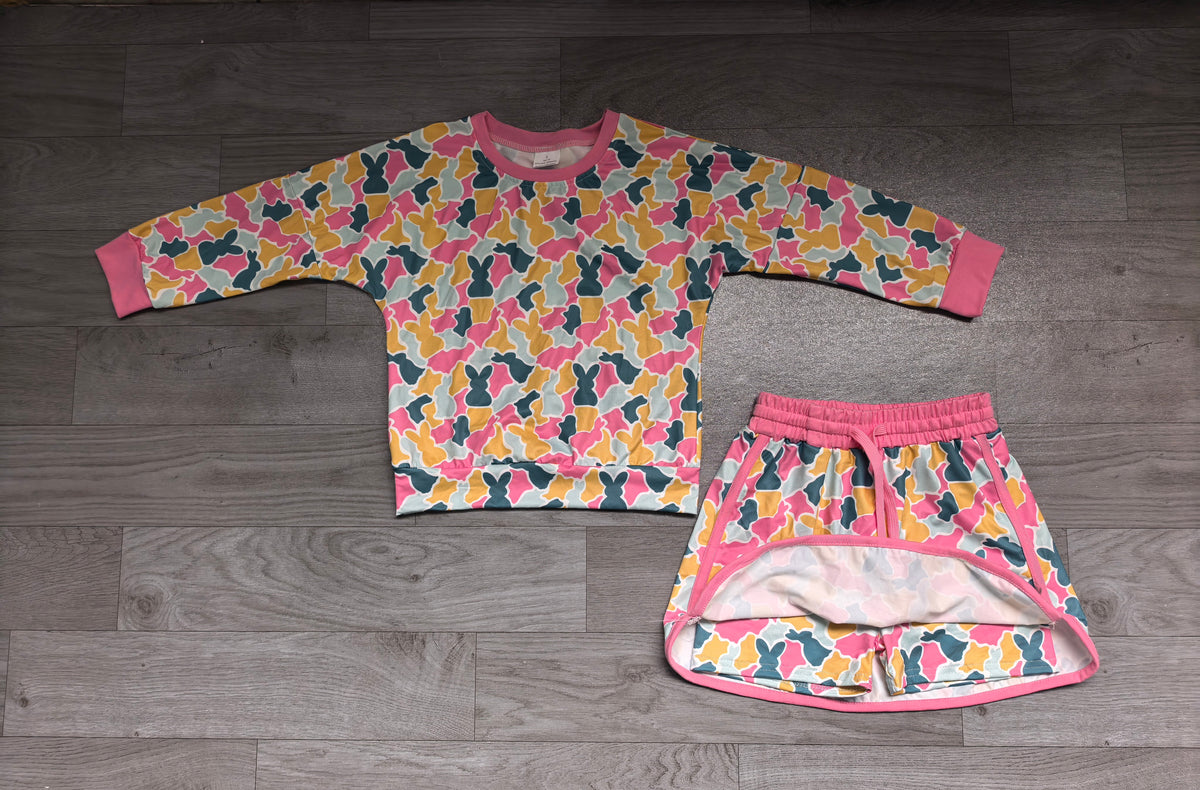 Easter camo bunny print long sleeve top matching skirt girls outfit preorder
