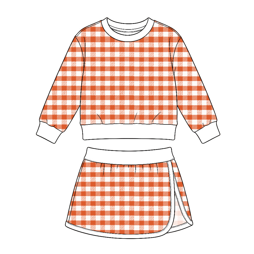 Orange plaid girls long sleeve top skirt yoga set outfit preorder