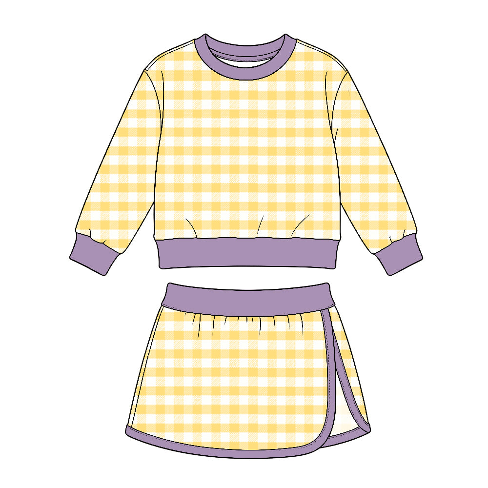 Yellow plaid girls long sleeve top skirt yoga set outfit preorder