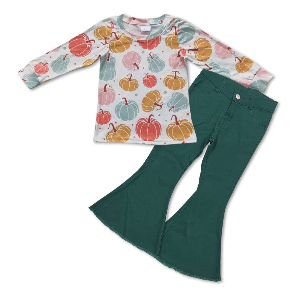 kids pumpkin top green denim bell bottoms clothes set
