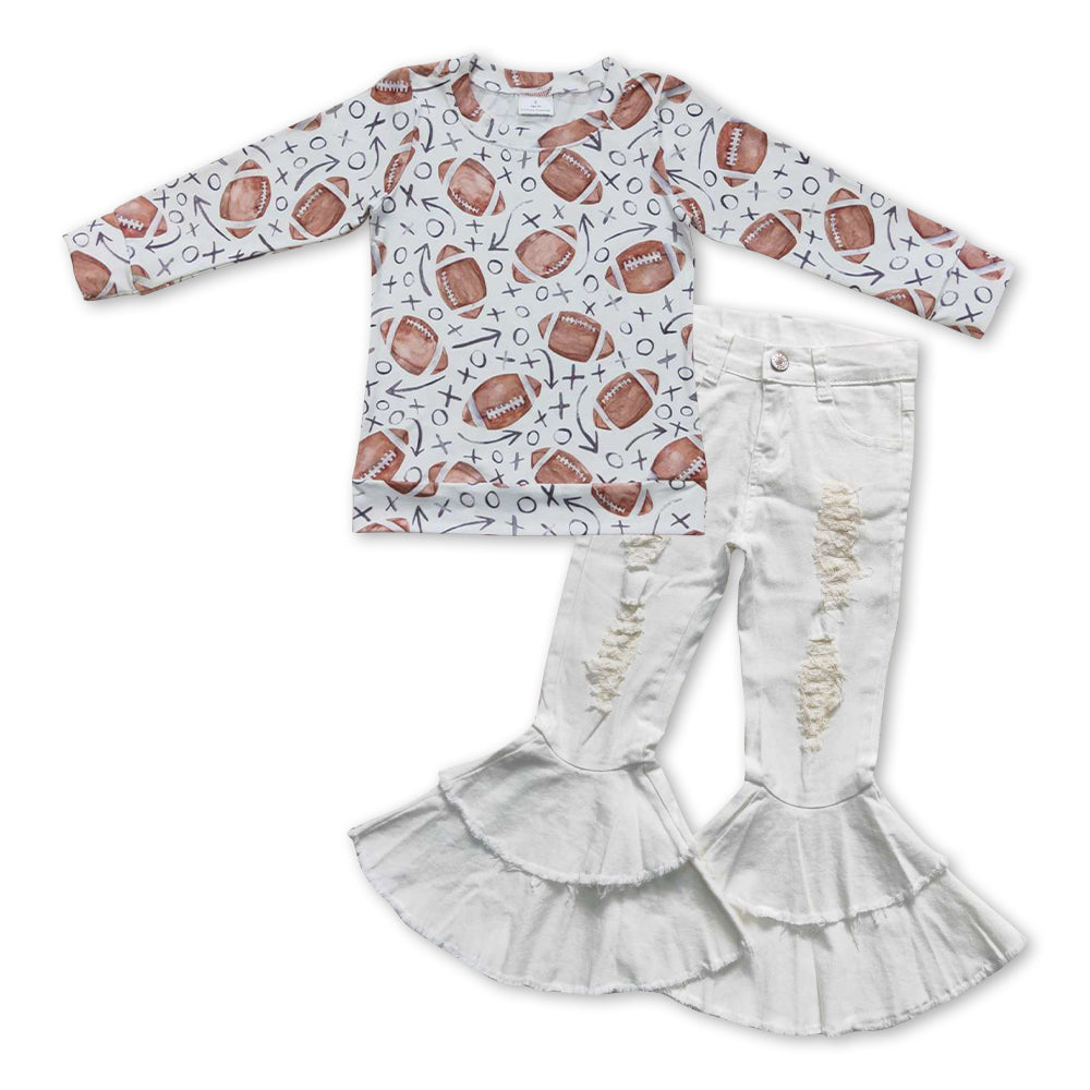 football top white distressed ruffle jeans pants outfit