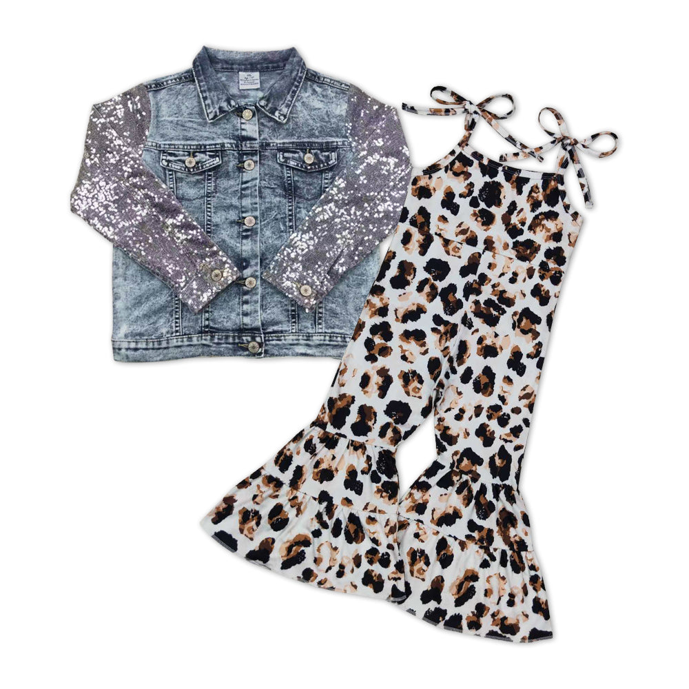 baby girls jeans coat cheetah jumpsuit 2pcs outfit
