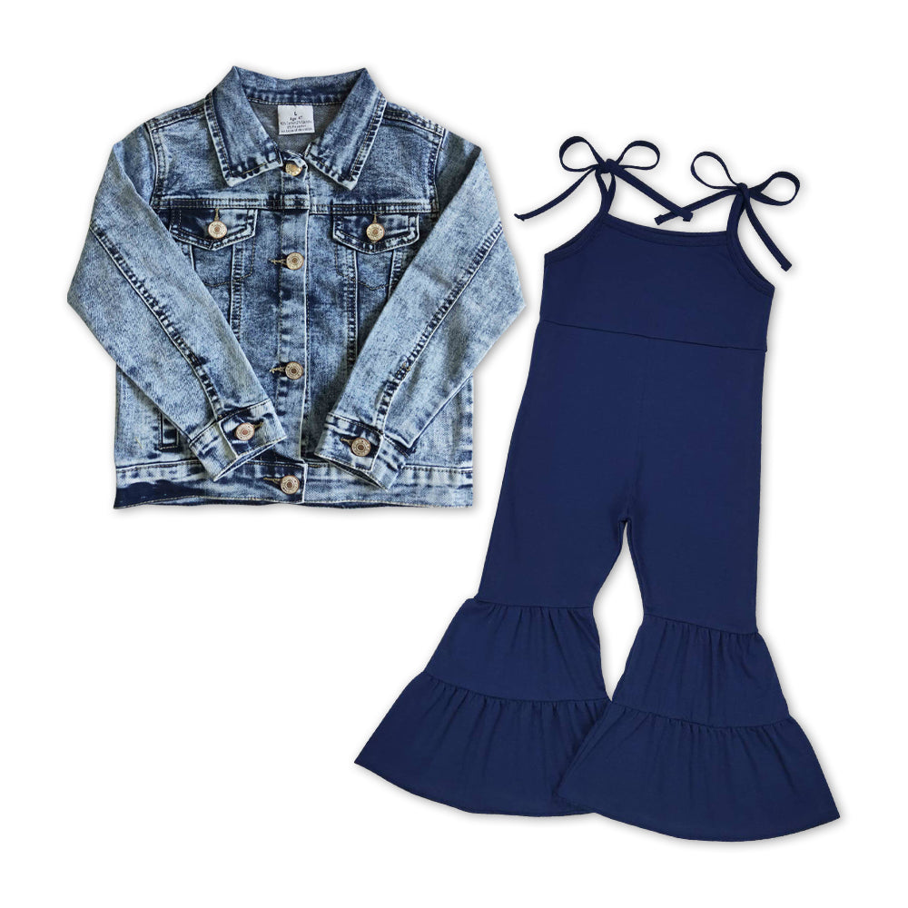 baby girls jeans coat navy jumpsuit 2pcs outfit