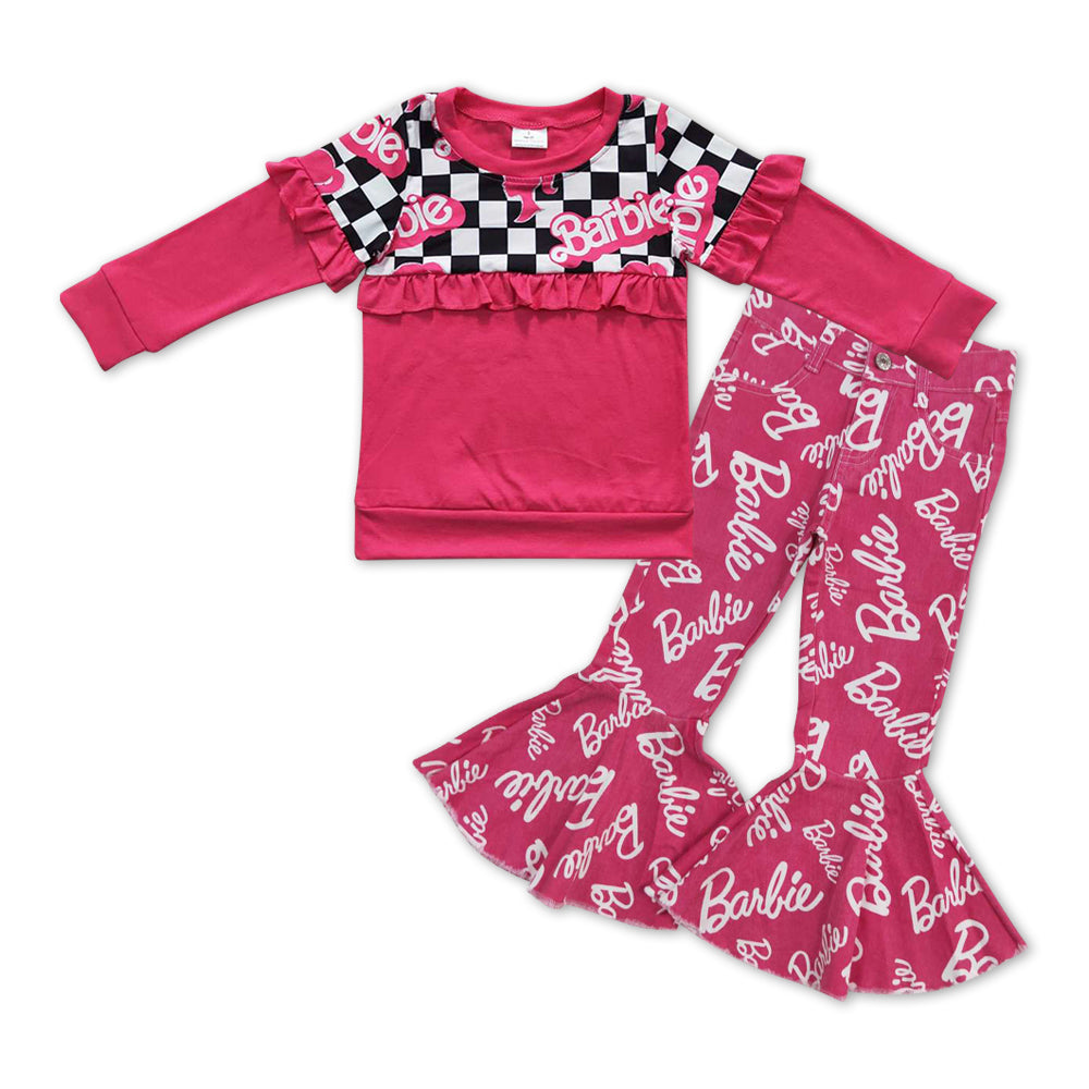 girls long sleeve pink doll top matching jeans bell bottoms outfit