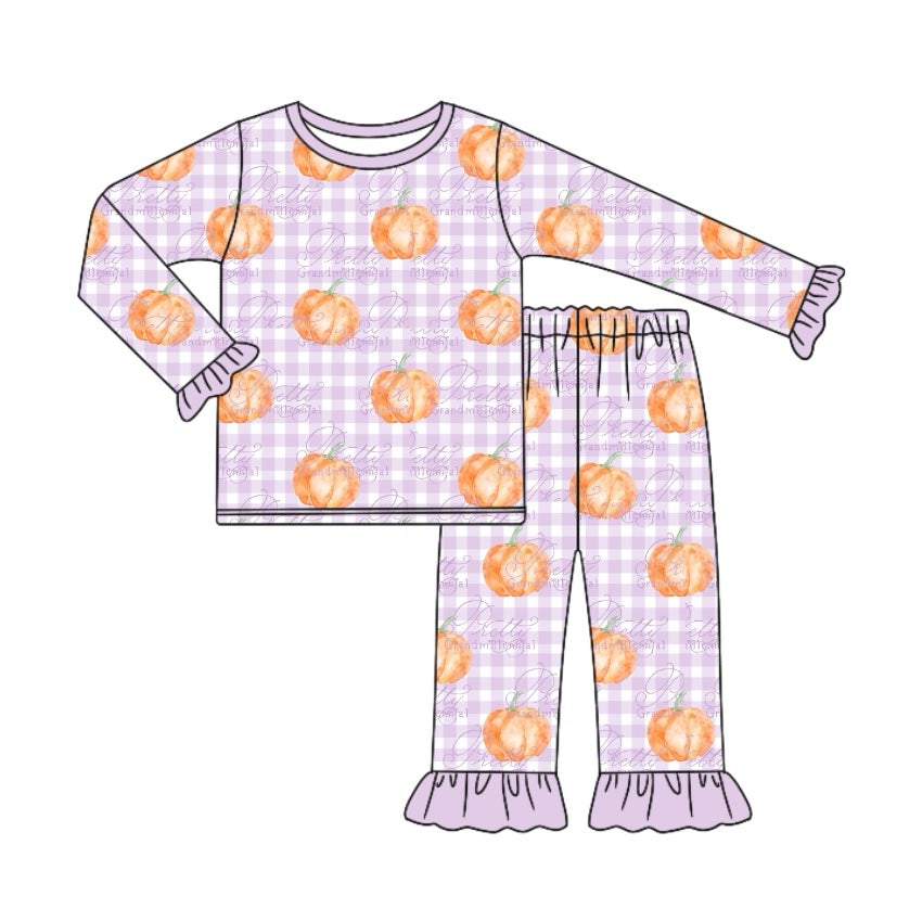 Girls lavender plaid pumpkin long sleeve pajama set preorder
