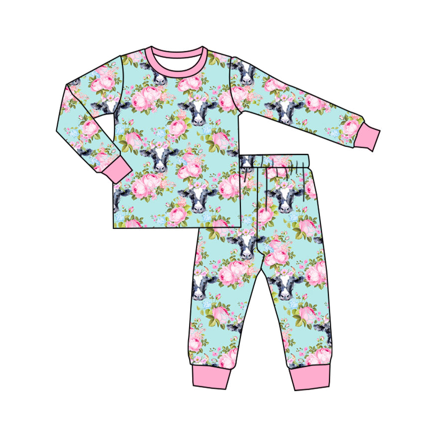 Toddle baby girl farm cow pink flower pajama set outfit preorder