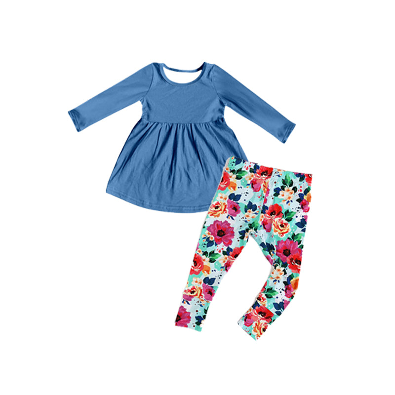 Wholesale children girls blue top floral leggings boutique set preorder
