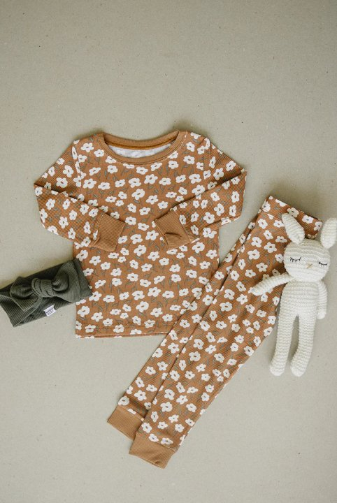 Wholesale children girls flower print brown pajama set preorder