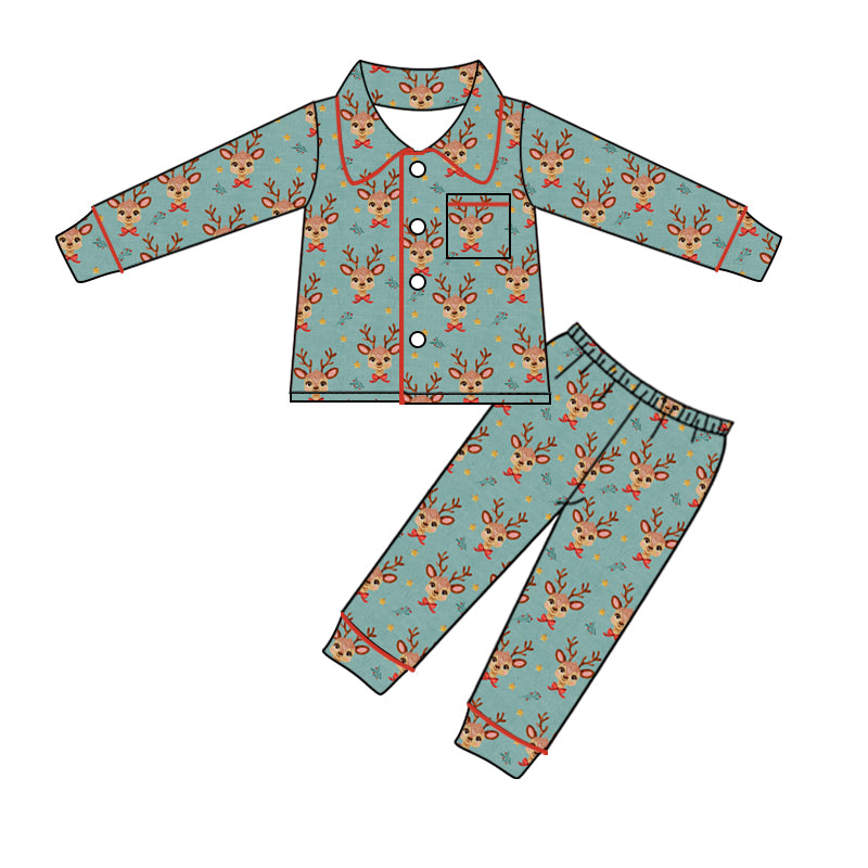 Christmas Reindeer Baby Girl Long Sleeve Button Down Pajama Set Preorder