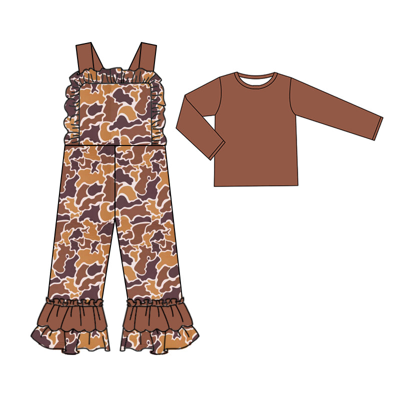 Wholesale baby girl brown top matching camo jumpsuit clothes preorder