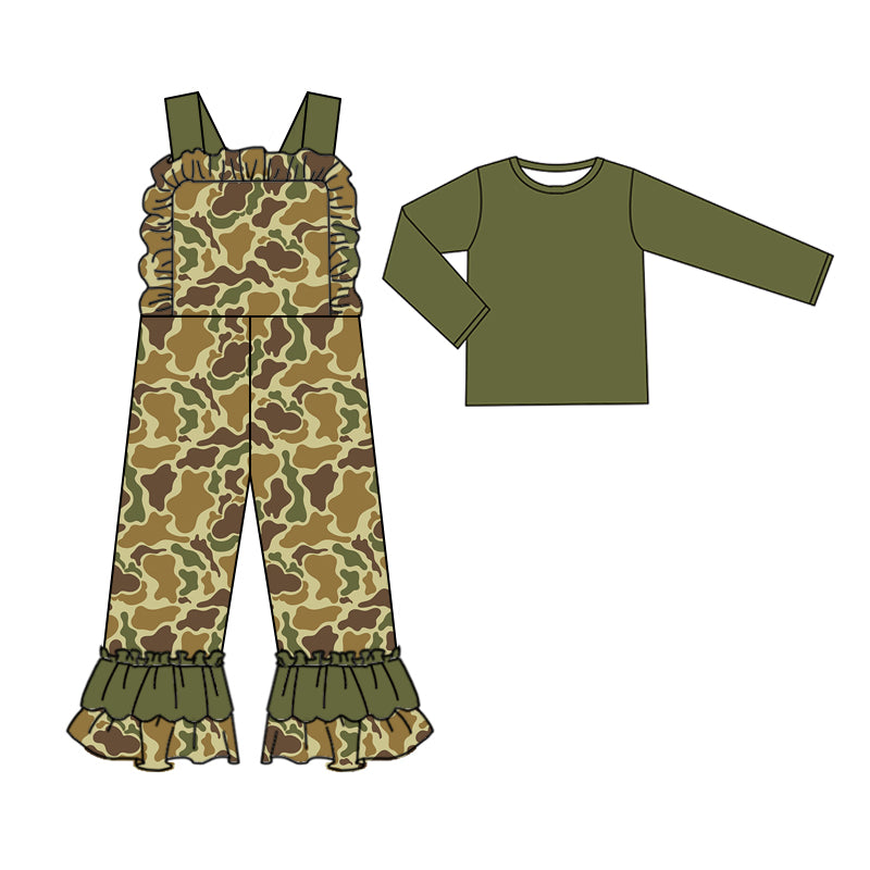 Wholesale baby girl green top matching yellow brown camo jumpsuit clothes preorder