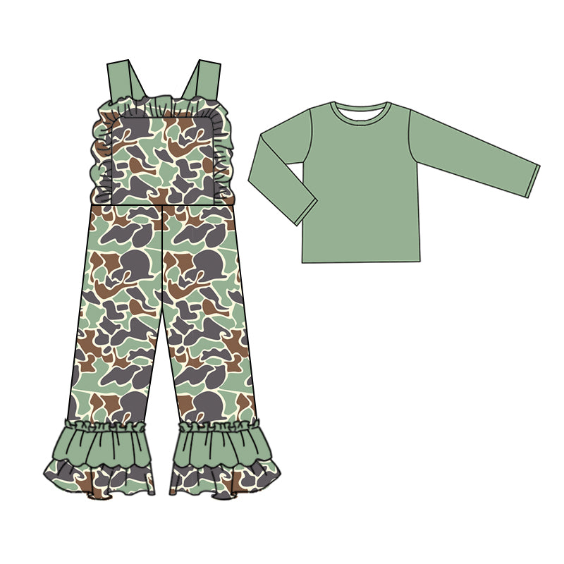 Wholesale baby girl light green top matching camo jumpsuit clothes preorder