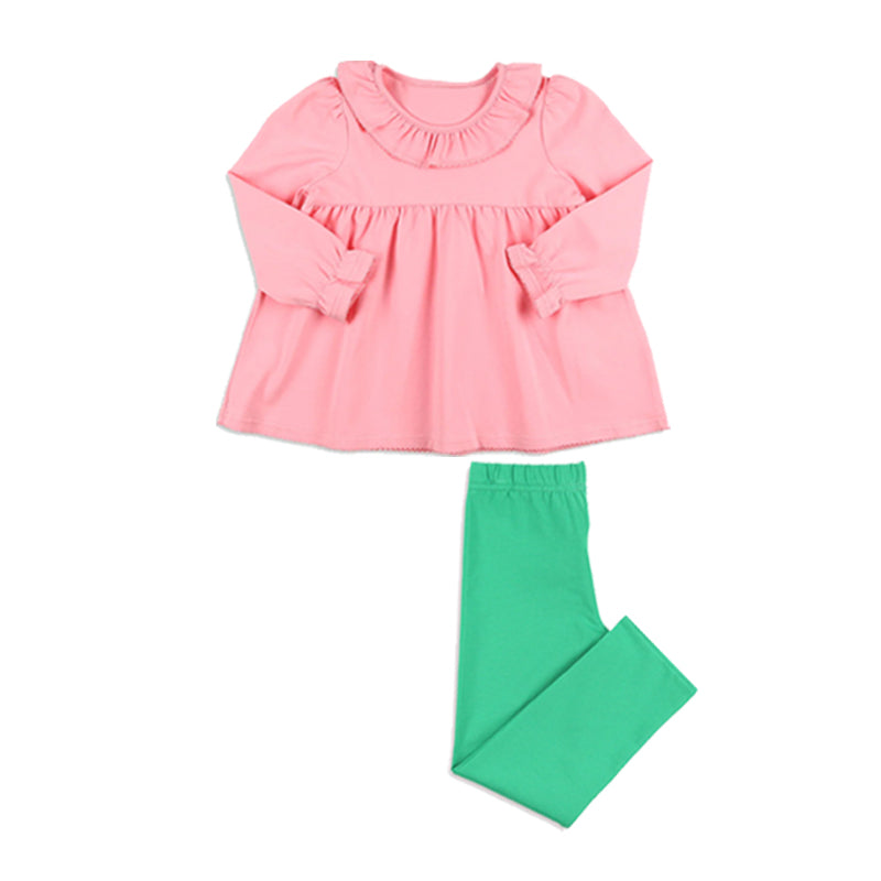 Wholesale price girls pink tunic top matching green leggings outfit preorder
