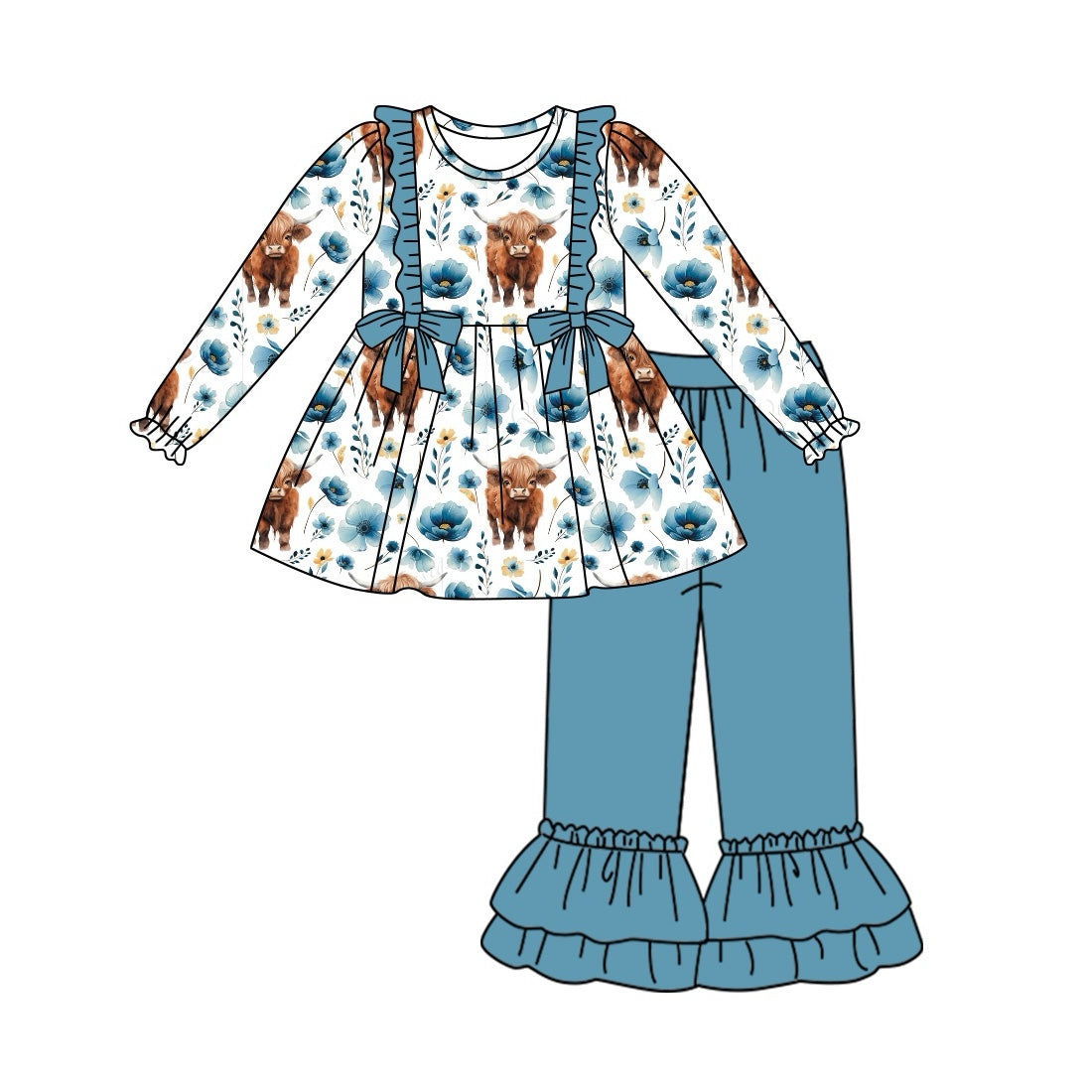 baby girl highland cow blue floral tunic top matching ruffle pants boutique fall winter clothes preorder