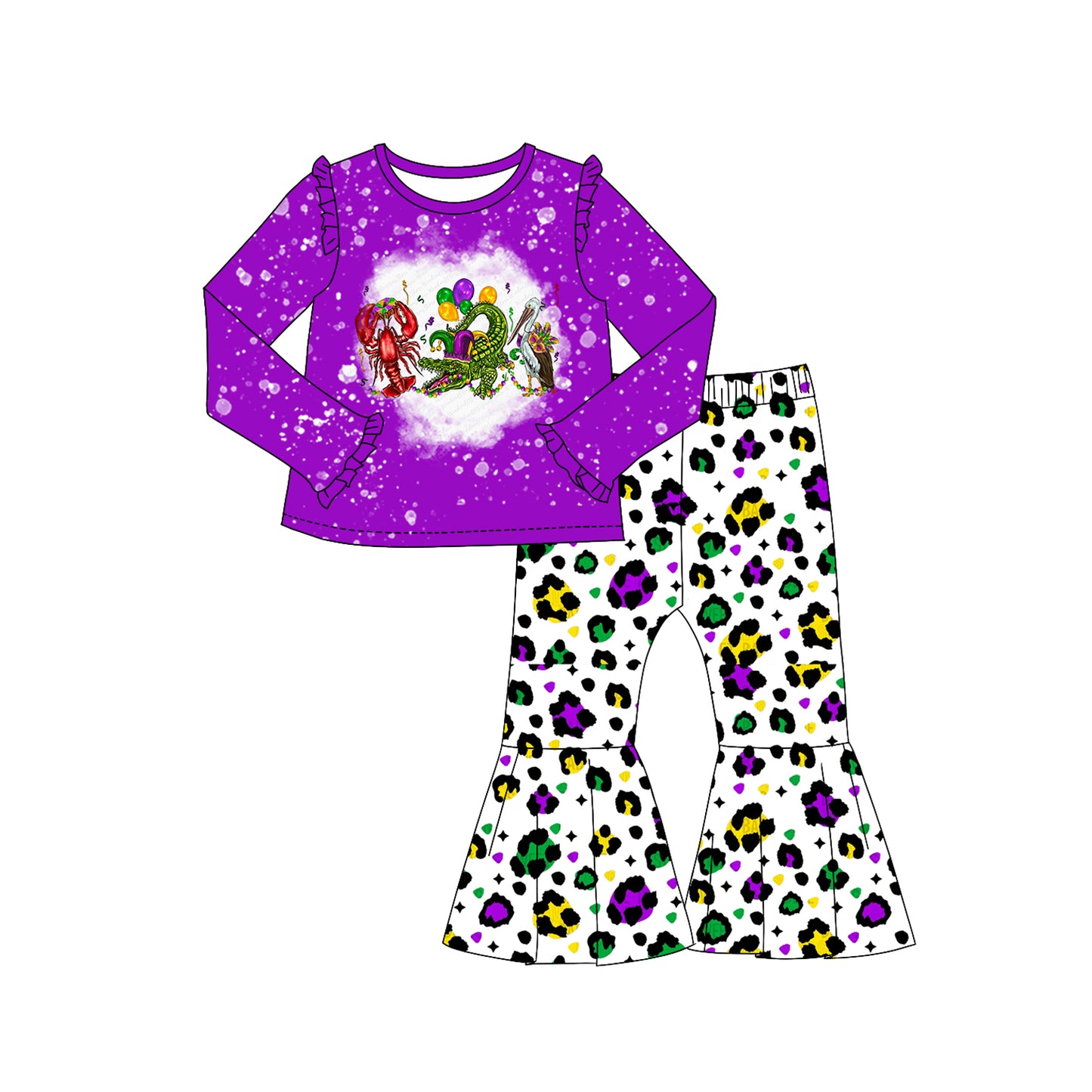 Mardi Gras crawfish top cheetah bell bottoms pants clothing set preorder