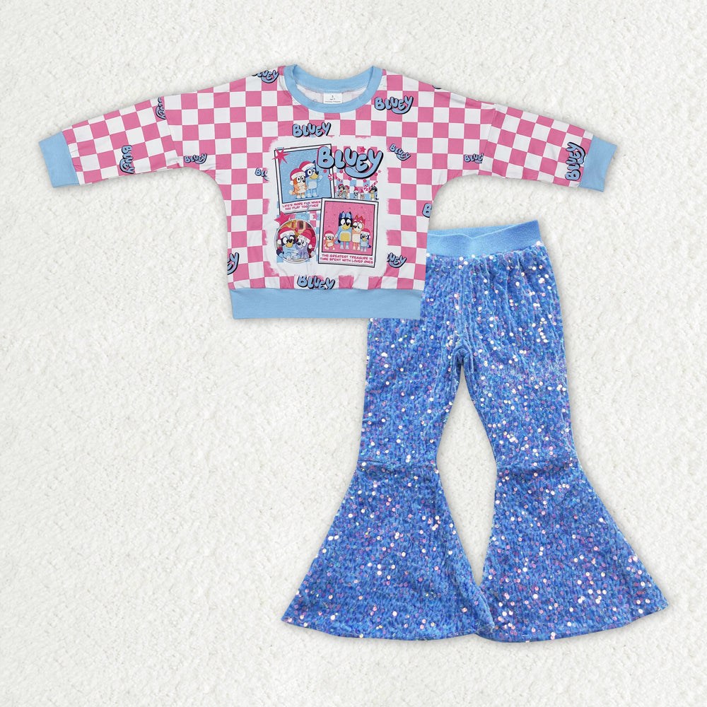 Blue cartoon top blue sequins pants spring fall outfit