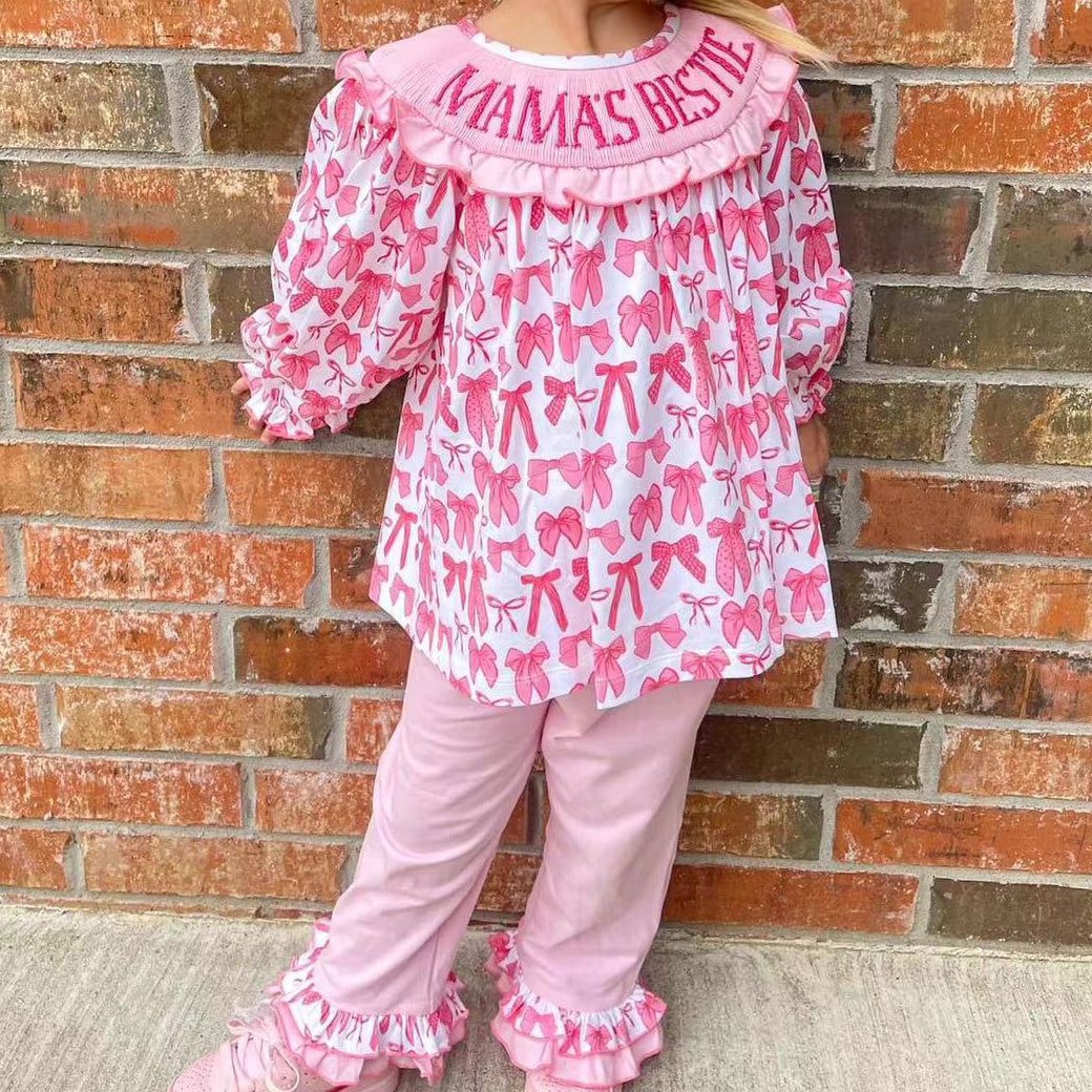 Mamas bestie pink bow tunic top matching pants girls outfit preorder