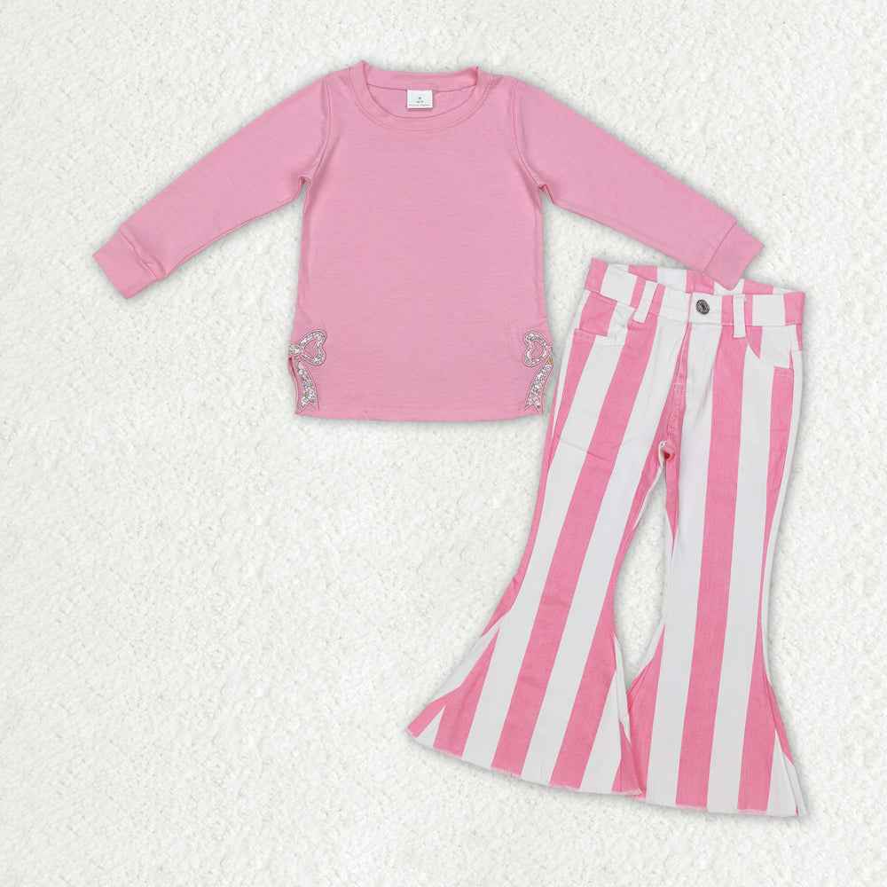 Pink bow long sleeve top pink stripes jeans pants outfit