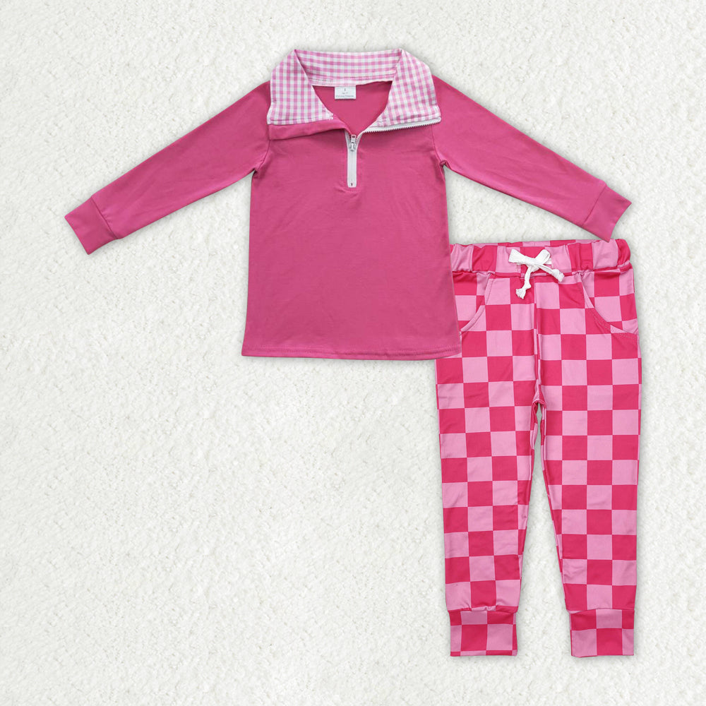 children girls long sleeve hot pink top checkered pants outfit