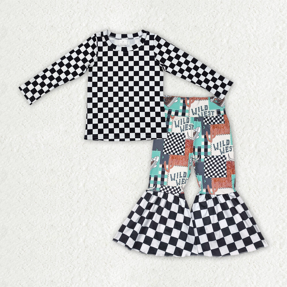 children girls black checkered shirt bell bottoms outfit