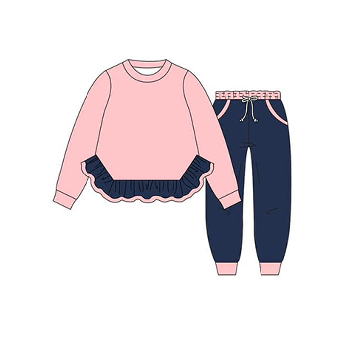 Pink shirt matching navy pants kids long sleeve outfit