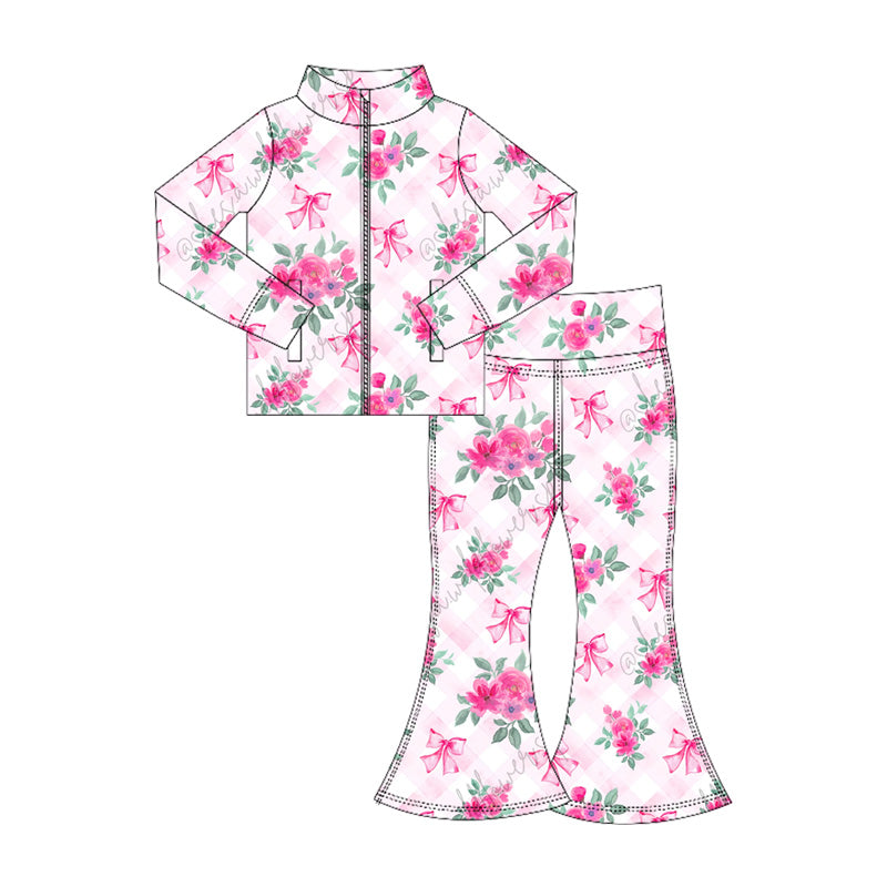 Kids girls bow flowers long sleeve active wear athletic yoga set preorder