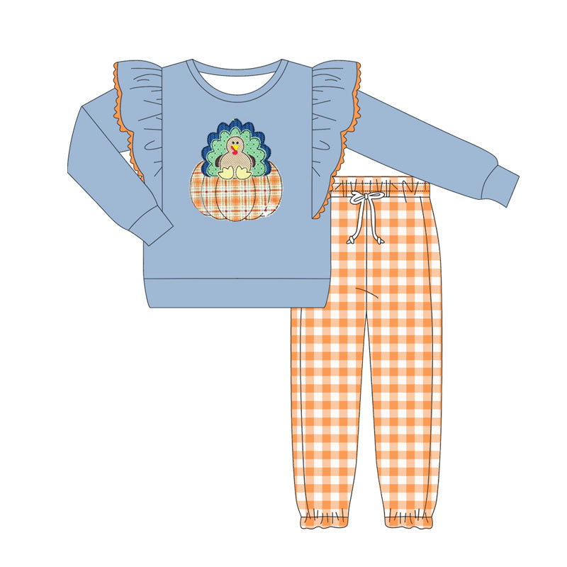 Thanksgiving turkey blue shirt orange plaid pants girl clothes preorder