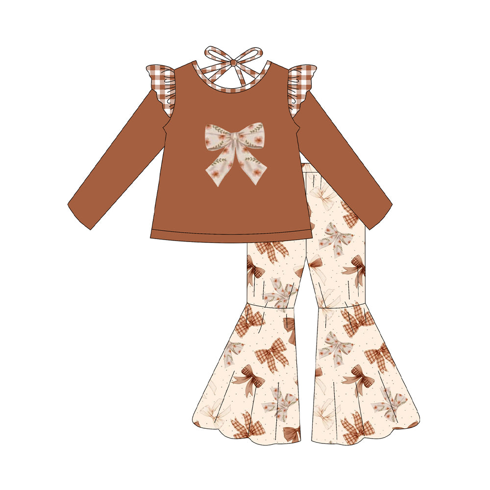 Brown bow design girls long sleeve matching outfit preorder