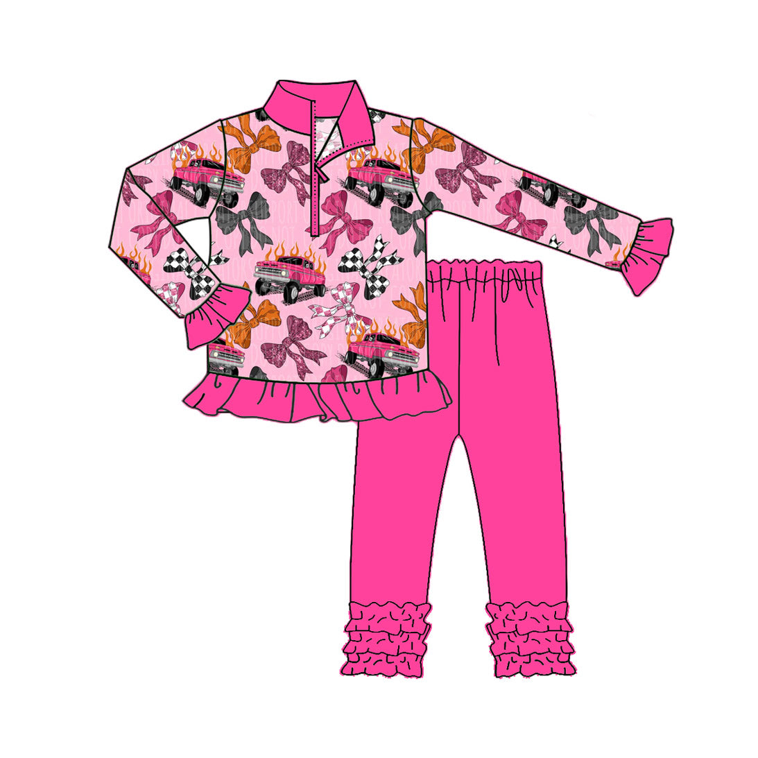 Colorful bow shirt ruffle pants girls long sleeve matching outfit preorder