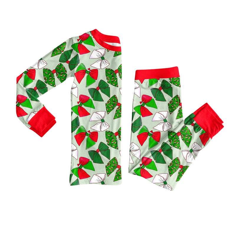 Christmas green face red green bow design kids long sleeve matching outfit preorder