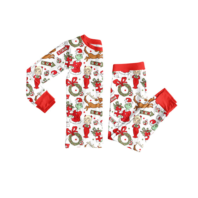 Christmas green face gift kids girls long sleeve matching pajama set preorder