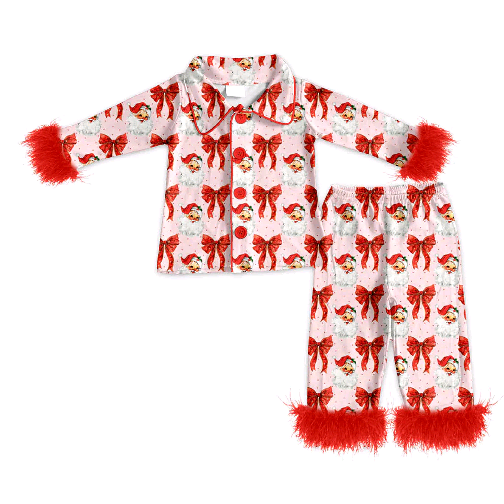 Kids Christmas santa claus red bow matching pajama set outfit preorder