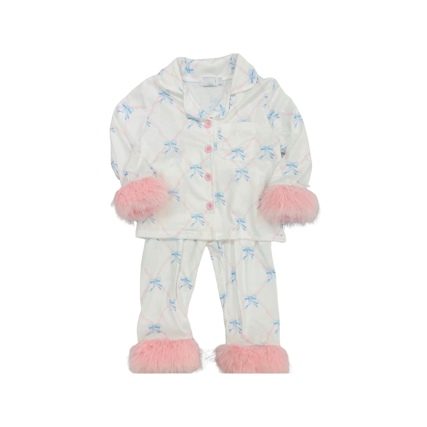Blue pink bow design girls long sleeve pajama set preorder