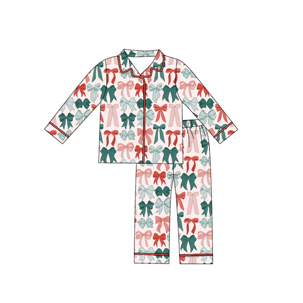 Christmas red green bow design girls long sleeve pajama set preorder
