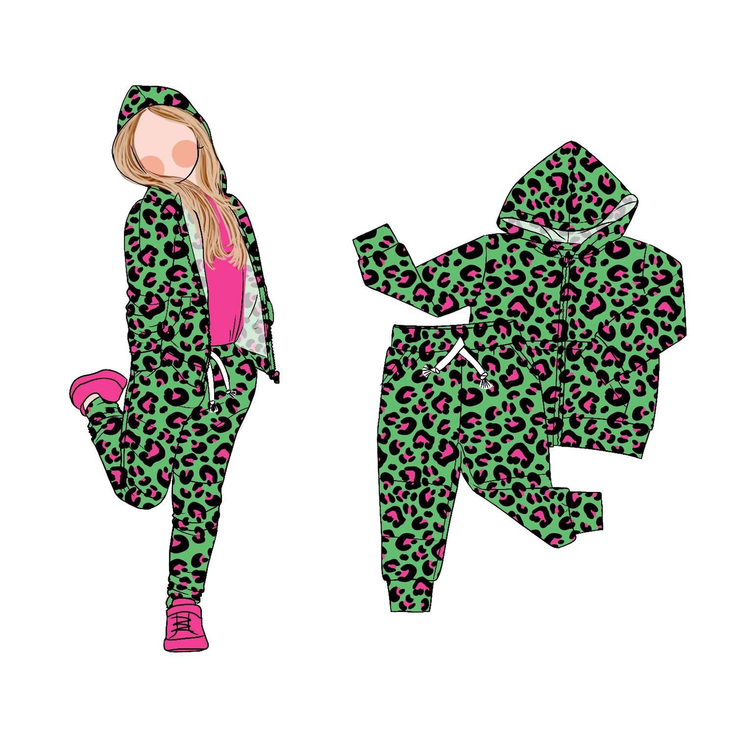 Green leopard design girls long sleeve hoodie outfit preorder