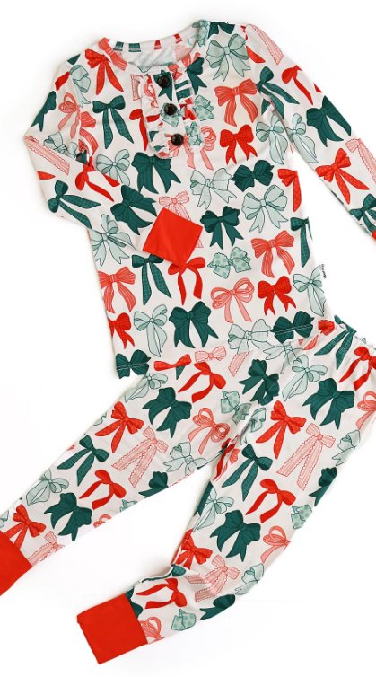 Christmas red green bow design kids long sleeve outfit preorder