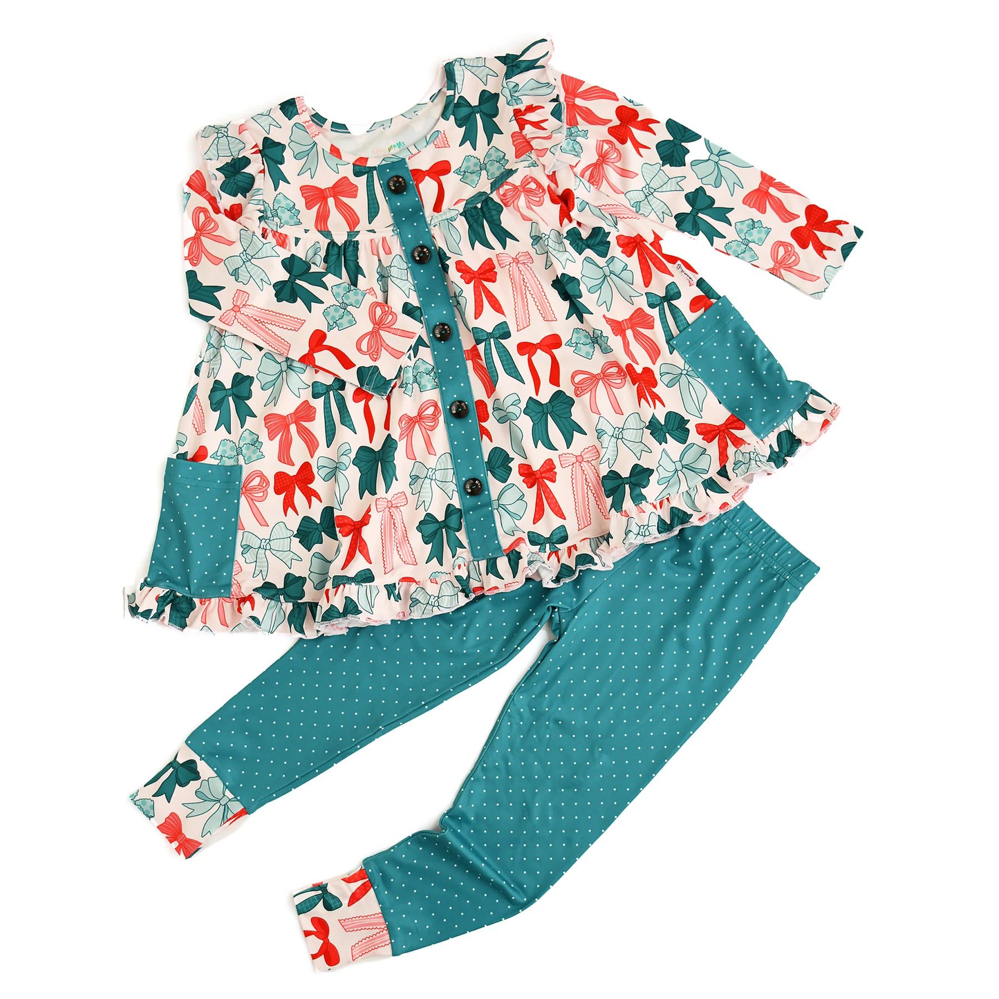 Christmas red green bow tunic top matching pants design kids long sleeve outfit preorder