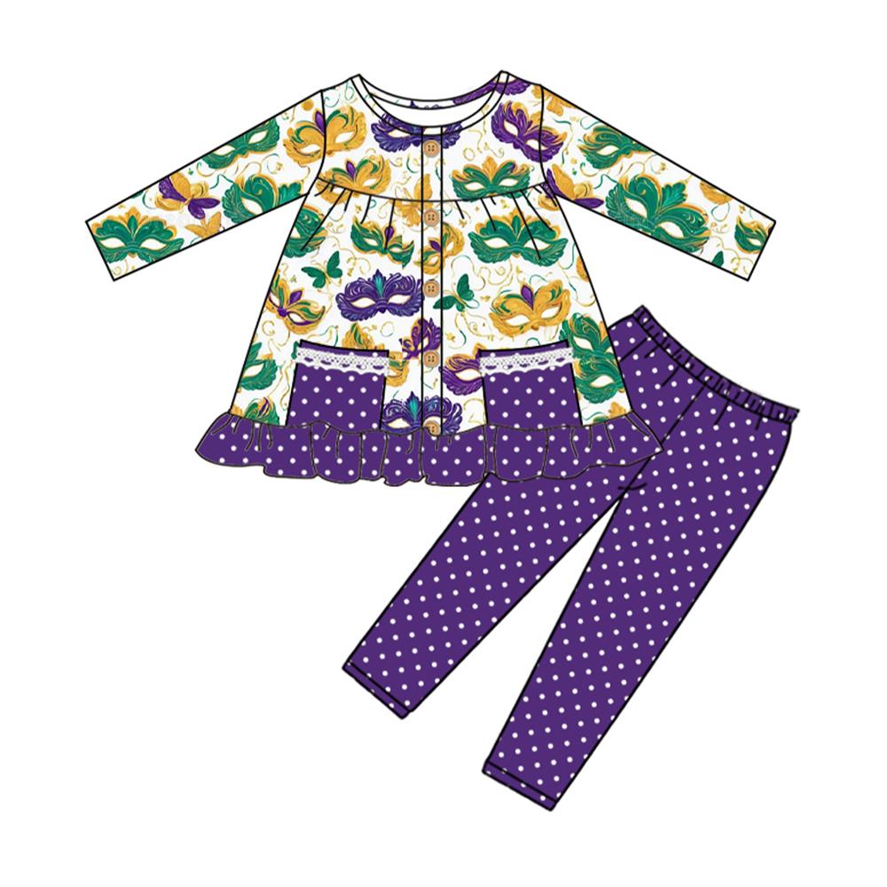 Mardi Gras mask top leggings pants kids long sleeve outfit preorder
